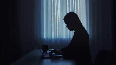 Siluetli bir insan, hafifçe aydınlatılmış bir odada dizüstü bilgisayara odaklanır. Konsantrasyon ve mahremiyet sağlar..
