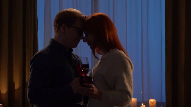 Evde romantik bir akşamın keyfini çıkaran kırmızı şarap kadehlerini paylaşan ve sıcak, samimi bir atmosfer yaratan bir çiftin silüeti..