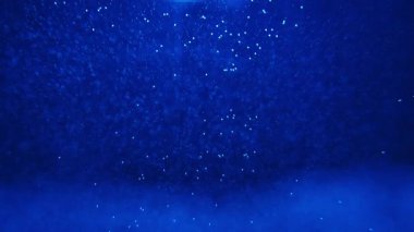 Mavi sisli yüzen parçacıkların olduğu derin sualtı sahnesi sakin ve gizemli bir atmosfer yaratıyor. Ağır çekim. Suya düşen bir ışık demeti yüzen parçacıkları vurgular. Yavaş