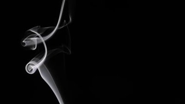 Yumuşak beyaz dumanın büyüleyici bir görüntüsü saf siyah bir arkaplana karşı zarafetle kıvrılarak büyüleyici ve ruhani bir görsel etki yaratıyor. Yavaş çekim