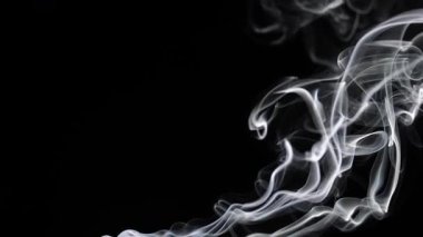Beyaz duman, siyah arka planda sanatsal kıvrımlar oluşturarak soyut bir görsel deneyim yaratıyor. Yavaş çekim