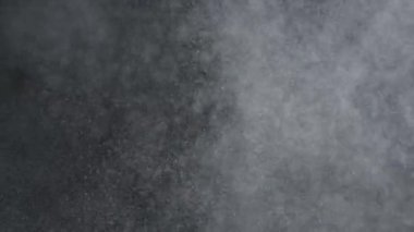Dumanlı havada rastgele uçan küçük toz bulutu, nesneler için boş uzay şablonu. Birçok toz parçacığı beyaz toz bulutu boş siyah zıtlık arka planında uçuşuyor. Yavaş çekim.