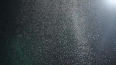Dumanlı havada rastgele uçan küçük toz bulutu, nesneler için boş uzay şablonu. Birçok toz parçacığı beyaz toz spot ışıkları altında boş siyah kontrast arka planda yüzüyor. Yavaş çekim.