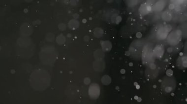 Dumanlı havada rastgele uçan küçük toz bulutu, nesneler için boş uzay şablonu. Birçok toz parçacığı beyaz toz boş siyah kontrast arka planda rüzgar tarafından uçan ışık içinde yüzüyor.