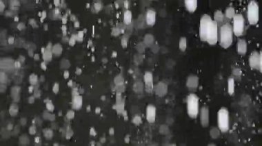 Dumanlı havada rastgele uçan küçük toz bulutu, nesneler için boş uzay şablonu. Birçok toz parçacığı beyaz toz parlıyor. Boş siyah kontrast arka planında ışık altında yüzüyor..