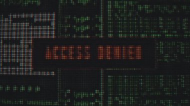 Bir dijital ekranda, teknolojideki siber güvenlik temalarını vurgulayarak Erişim Reddedilmiş bir mesaj gösteriliyor. Makro