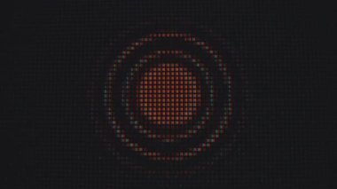 Siyah arkaplanda dairesel turuncu piksellerin soyut dijital görüntüsü, pikselli bir dokuyu gösteriyor. Makro