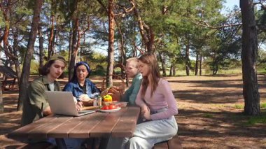 Bir grup arkadaş parkta bir piknik masasında yemeğin tadını çıkarırken bir yandan da bilgisayardan video görüşmesi yapıyorlar..