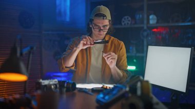 Genç bir adam donanımlarla çevrili loş, klasik bir fotoğraf laboratuvarında film işliyor..