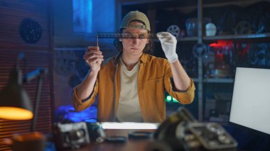 Genç bir fotoğrafçı, loş aydınlatılmış bir stüdyoda, geleneksel fotoğrafçılık sanatını vurgulayan bir filmi dikkatle inceliyor..