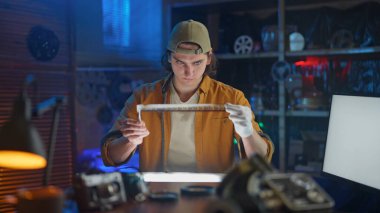 Bir insan yüksek teknoloji laboratuvarında cetvelli bir objeyi dikkatlice ölçer, hassasiyet ve detaylara odaklanır..