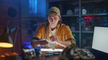 Bir atölyede genç bir adam, çeşitli alet ve ekipmanlarla çevrili projesine konsantre oluyor..