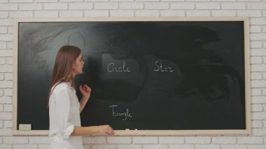 Okul öğretmeni sınıfta öğrencilere konuşuyor. Sınıftaki genç bayan üniversite öğretmeni karatahta önünde duruyor ve ilkokul öğrencilerine dersi açıklıyor. Eğitim kavramı.