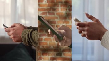 Resim, akıllı telefonları tutan, farklı kullanım ve kavrama şekillerini vurgulayan, modern iletişimi sembolize eden eller tasvir ediyor. 3 'ü 1' de ayarla, yavaş çekim.