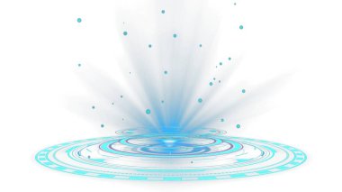 Şeffaf PNG arkaplanı. Dairesel desenleri ve ışık parçacıkları ile parlayan mavi bir hologram geleceksel ve dijital görsel bir etki yaratıyor..