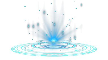 Şeffaf PNG arkaplanı. Dairesel desenleri ve ışık parçacıkları ile parlayan mavi bir hologram geleceksel ve dijital görsel bir etki yaratıyor..