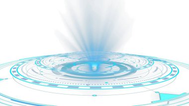 Şeffaf PNG arkaplanı. Dairesel desenleri ve ışık parçacıkları ile parlayan mavi bir hologram geleceksel ve dijital görsel bir etki yaratıyor..