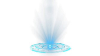 Şeffaf PNG arkaplanı. Holografik elementlerle donatılmış parlak mavi bir dijital arayüz tasarımı, teknik temalar için çizgiler ve eğriler.