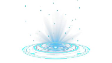 Şeffaf PNG arkaplanı. Dairesel desenleri ve ışık parçacıkları ile parlayan mavi bir hologram geleceksel ve dijital görsel bir etki yaratıyor..