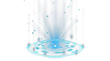 Şeffaf PNG arkaplanı. Dairesel desenleri ve ışık parçacıkları ile parlayan mavi bir hologram geleceksel ve dijital görsel bir etki yaratıyor..