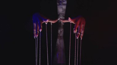 Bir çift el, bir kukla ustası gibi ipleri kontrol eder, kontrol ve manipülasyon ortamı yaratır..