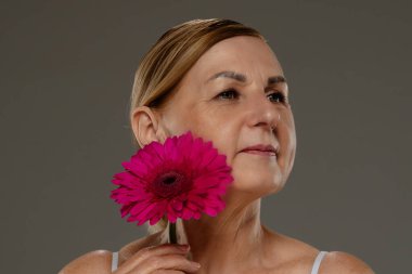 Canlı pembe bir Gerbera papatyası tutan yaşlı bir kadın. Tarafsız bir arka plana karşı güzelliği ve bilgeliği sembolize ediyor..