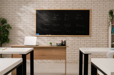 Gramer notları, ahşap bir masa ve minimalist bir tasarım içeren bir karatahta içeren modern bir sınıf keşfedin..