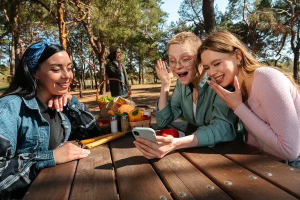 Bir grup arkadaş, güneşli bir orman bölgesindeki ahşap piknik masasında otururken kahkaha ve atıştırmalıkların keyfini çıkarıyorlar..