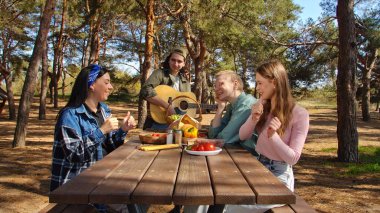 Bir grup arkadaş piknik için toplanır, güneşli bir açık hava ortamında yemek ve müziğin tadını çıkarırlar, rahatlamayı teşvik ederler..