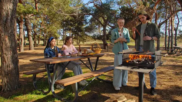 Bir grup arkadaş güneşli bir günün tadını çıkarıyorlar. Uzun ağaçlarla çevrili, pitoresk bir parkta barbekü yapıyorlar..