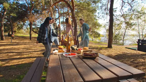 Bir grup arkadaş piknik için toplanıyor, açık havada, güneşli ve rahatlatıcı bir ortamda müzik ve dans ediyorlar..