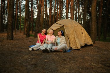 Sakin bir ormanda çadırın yanında oturan bir grup arkadaş rahatlama ve doğanın tadını çıkarıyorlar..