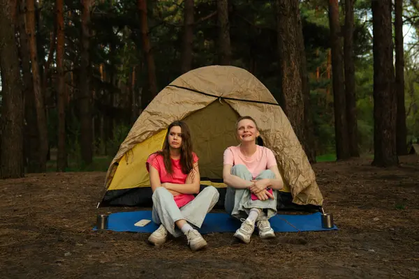 İki arkadaş çadırın yanında oturur, sohbet eder ve akıllı telefonlarıyla oyun oynarlar, ormanda yürüyüş yaparlar..