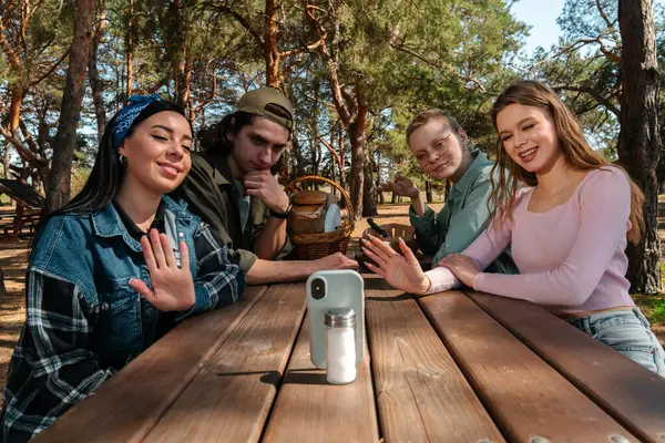 Bir grup arkadaş, orman ortamında piknikte harika vakit geçiriyorlar. Anları yakalamak için telefon kullanıyorlar..