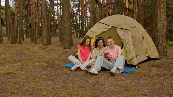 Üç arkadaş ormanda bir çadırın yanında oturmuş, yürüyüş yapıyor ve telefonda görüntülü sohbet yapıyorlar..