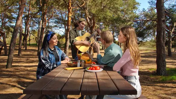 Bir grup arkadaş piknik için toplanır, güneşli bir açık hava ortamında yemek ve müziğin tadını çıkarırlar, rahatlamayı teşvik ederler..