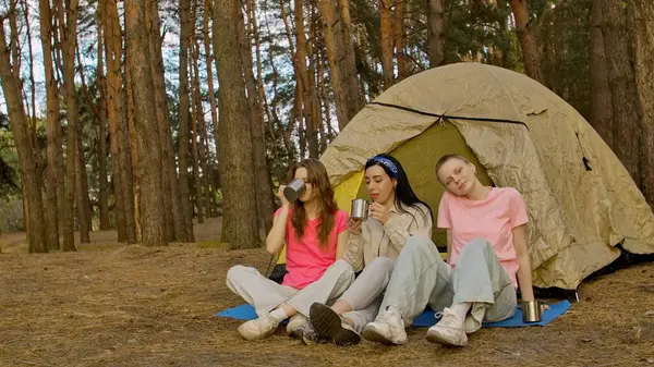 Üç arkadaş ormanda bir çadırda oturup, bir kamp gezisi sırasında içkinin ve arkadaşlığın tadını çıkarıyorlar..