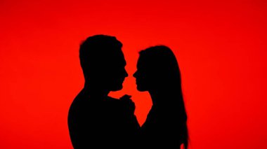 Canlı kırmızı bir arka planda karşı karşıya duran bir çiftin silüeti romantik ve romantik bir sahne yaratıyor..