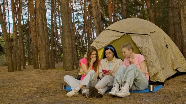 Bir grup arkadaş ormanda kamp yaparken çadırın yanında oturup telefona bakarak endişeli ve endişeli bir şekilde vakit geçiriyorlar..