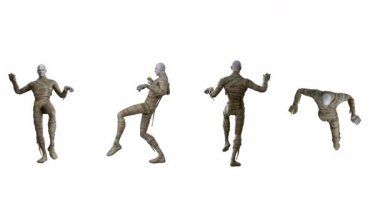 Bandajlara sarılı mumyanın 3 boyutlu animasyonu. Beyaz arka planda Cadılar Bayramı teması için bilgisayar grafikleri. Ön, yan, arka ve üst tam uzunluktaki açılardan dördü 1 'e ayır.