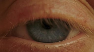 Mavi iris ve açık renkli kirpiklerle kadın gözünü açıp kapayarak. Mavi göz irisi ve göz bebeği genişliyor ve daralıyor. Göz küresi, retina, göz kapağı.