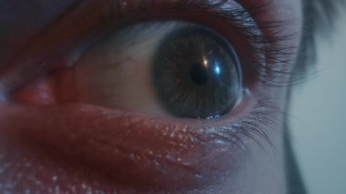 İnsan mavi gözünün uç makro görüntüsü göz dokusunu, kirpiklerini ve göz yüzeyini detaylı olarak gösteriyor. Gözbebeklerine ve göz bebeklerindeki radyal desenlere odaklanın..