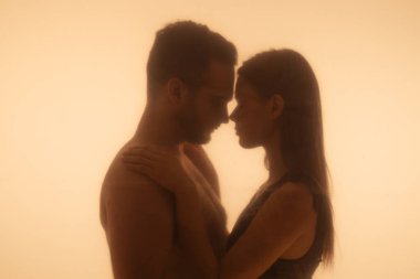 Siluetli bir çift, sıcak, çevresel aydınlatma, sevgi ve bağlantı ile yıkanmış samimi bir öpücüğü paylaşıyor..