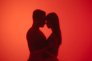 Kırmızı cam bir yüzey arkasında öpüşen bir çiftin tutkulu silueti samimiyet ve gizemi vurguluyor..