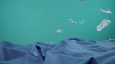 Narin beyaz tüyler dokulu mavi kumaşın üzerine düşer sakin ve huzurlu bir görsel kompozisyon oluşturur..