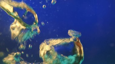 Su altı hava kabarcıkları hareket halinde, dinamik ve soyut oluşumlar yaratır. Kabarcıklar altın ve deniz mavisi tonlarıyla aydınlatılıyor..