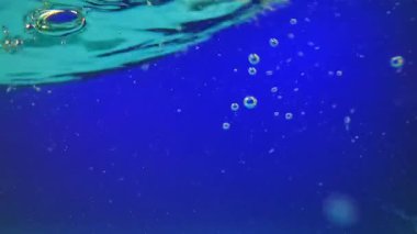 Turkuaz su yüzeyinde yüzen hava kabarcıklarıyla hafif dalga hareketi. Canlı bir mavi arkaplan karşısında minimalist sualtı kompozisyonu.