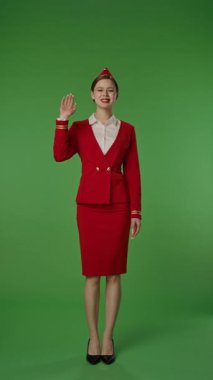 Kırmızı üniformalı neşeli bir uçuş görevlisi yeşil arka planda neşeyle el sallıyor. Ağır çekim. Kıyafeti profesyonelce ve şık, havayolu hizmetinin zarafetini ve çekiciliğini gösteriyor. Yavaş çekim.