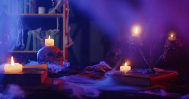 Eerie Halloween scene with lit candles, a skull, cobwebs, and books in moody lighting.