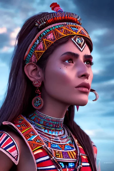 民族衣装を着た美しいアステカの女の子 ベクターイラスト — ストックベクタ